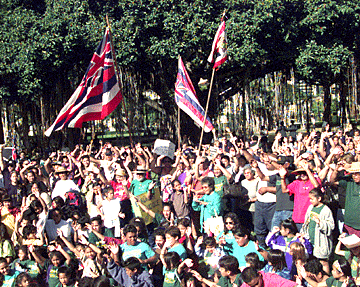 A group of about 500 protesters marched this morning to oppose a bill that would dissolve several Hawaiian agencies.